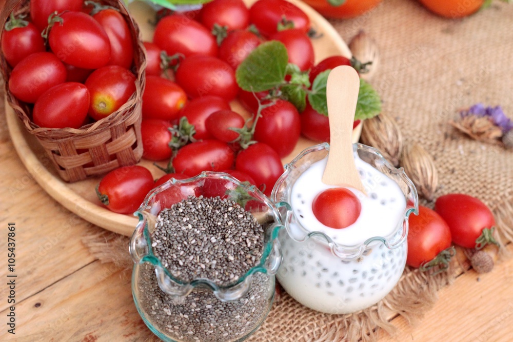Chia seeds with milk and tomato delicious. Chia seeds with milk and tomato delicious.