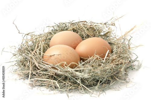 Organic eggs in a nest of hay on white background