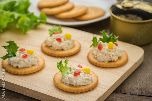 Crackers with tuna salad on plate and tuna spread in canned
