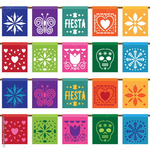 Mexican paper fiesta party bunting bright colors vector clipart set isolated on white