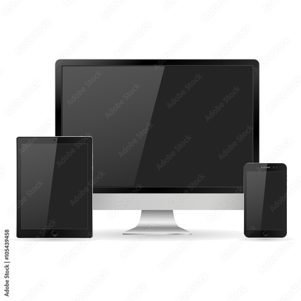 Set of realistic computer monitor, laptop, tablet and mobile phone with empty white screen. Various modern electronic gadget isolated on white background. Vector illustration EPS10 Set of realistic computer monitor, laptop, tablet and mobile phone with empty white screen. Various modern electronic gadget isolated on white background. Vector illustration EPS10