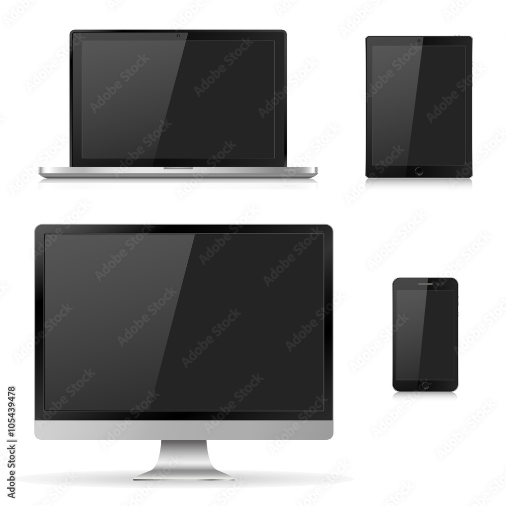 Vector illustration modern monitor, laptop, tablet and mobile phone with empty white screen. Various modern electronic gadget isolated on white background. Vector illustration EPS10 Vector illustration modern monitor, laptop, tablet and mobile phone with empty white screen. Various modern electronic gadget isolated on white background. Vector illustration EPS10