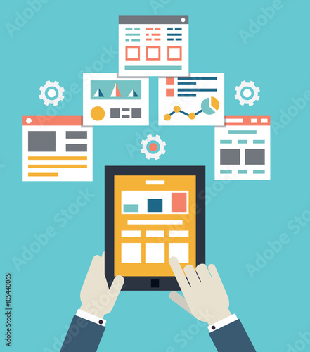 Flat vector illustration of mobile application optimization, programming, design and analytics