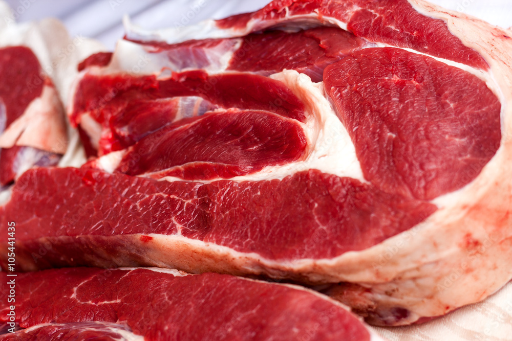 Piece of fresh raw meat background, close-up Piece of fresh raw meat background, close-up