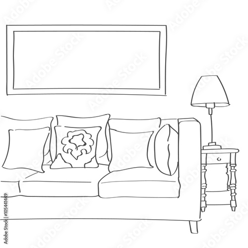 Hand drawn sketch of modern living room interior with a couch, pillows and a lamp.