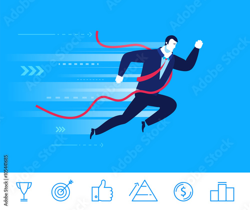 Vector business concept  illustration. Businessman came to the finish line first