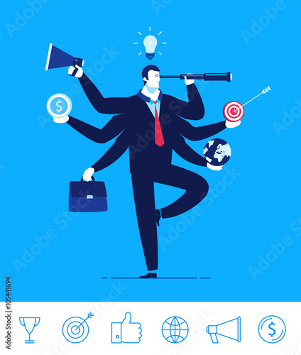 Vector business concept  illustration. Businessman with six hands holding objects multitasking and multi skill
