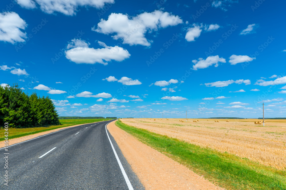 road in the countryside and beautiful wheat field after harvest road in the countryside and beautiful wheat field after harvest