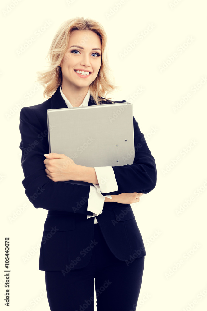 Young smiling businesswoman with grey folder Young smiling businesswoman with grey folder
