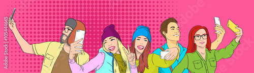 People Group Students Taking Selfie Photo On Smart Phone Pop Art