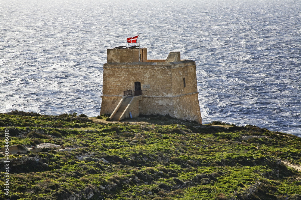 Dwejra tower on Gozo island. Dwejra Bay. Malta
