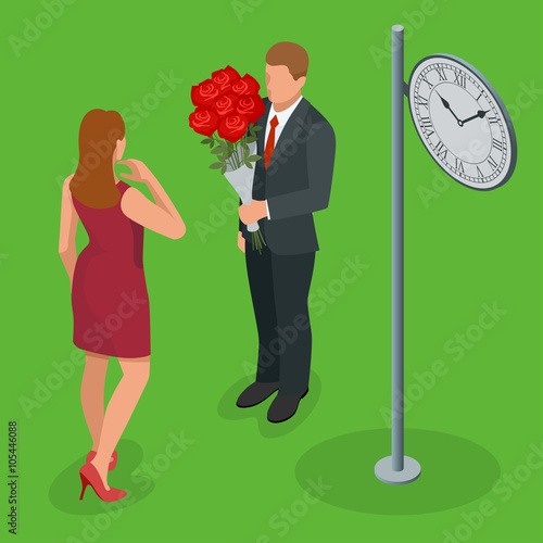 Romantic couple in love meeting. Love and celebrate concept. Man gives a woman a bouquet of roses. Romantic lovers dating. Vector flat 3d isometric illustration