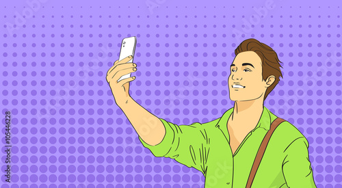 Man Taking Selfie Photo On Smart Phone Pop Art Colorful Retro Style