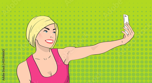 Blonde Woman Taking Selfie Photo On Smart Phone Girl Smile Pop Art Colorful Retro Style
