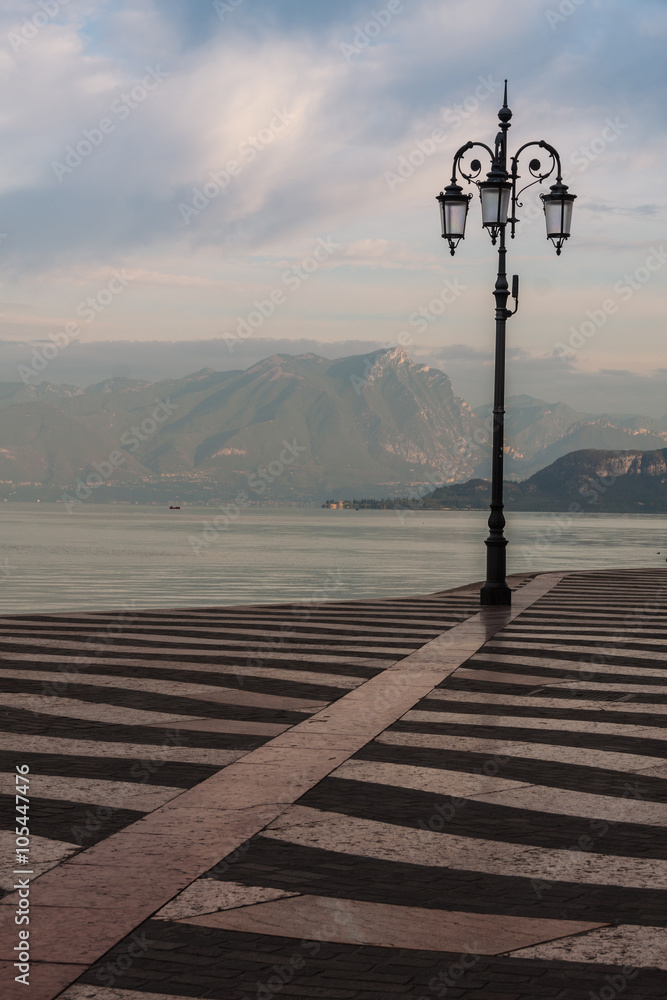 Beautiful morning on Lake Garda. Italy. Promenade in Lazise.