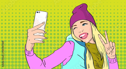 Woman In Hat Vest Taking Selfie Photo Smart Phone Peace Gesture Pop Art Retro Style