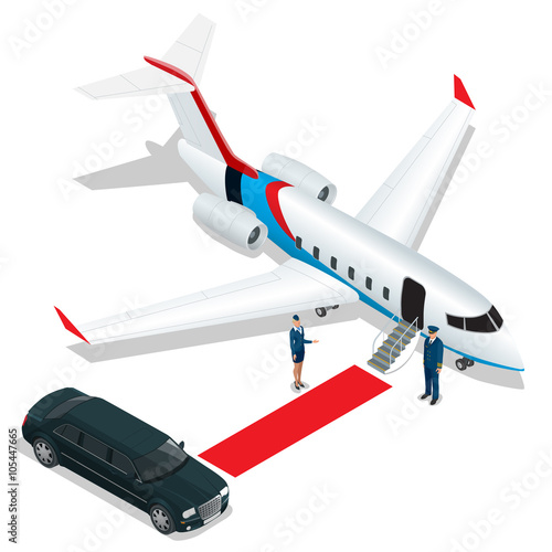 Businessman with luggage walking towards private jet at terminal. Bussines concept stewardess, pilot, limousine, corporate jet. Vector 3d flat isometric illustration. Business airlines. 