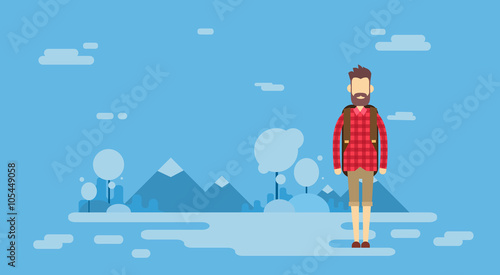 Traveler Man Outdoor Hiking Over Mountain Background
