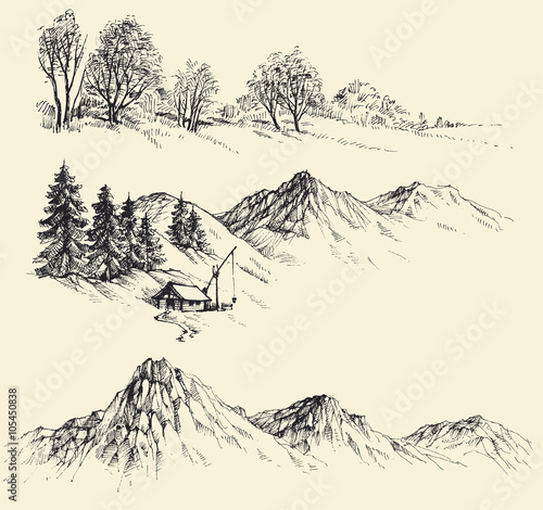 Nature elements set, mountains and forest