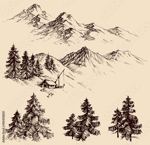 Nature design elements, mountains and pine trees sketch