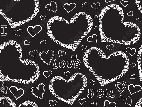 Abstract beautiful Valentine's vector seamless pattern with hearts and handwritten words of love