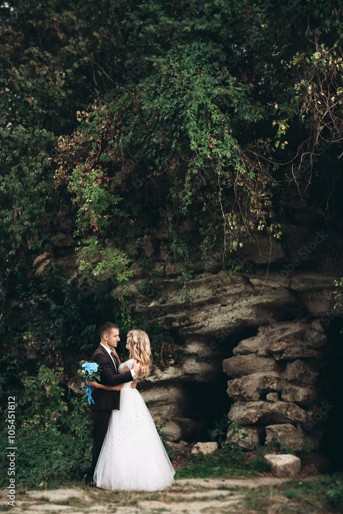 Luxury wedding couple hugging and kissing on the background gorgeous plants, cave near ancient castle Luxury wedding couple hugging and kissing on the background gorgeous plants, cave near ancient castle