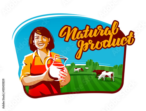 cow milk vector logo. milkmaid, farmer or farm icon