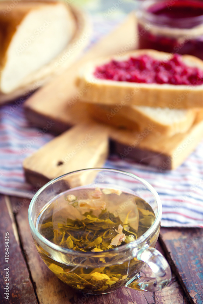 Raspberry jam with bread and tea Raspberry jam with bread and tea