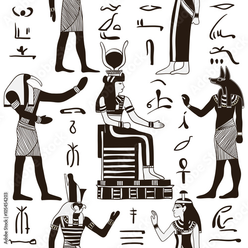 Seamless pattern with egyptian gods and ancient egyptian hieroglyphs. Retro hand drawn vector illustration