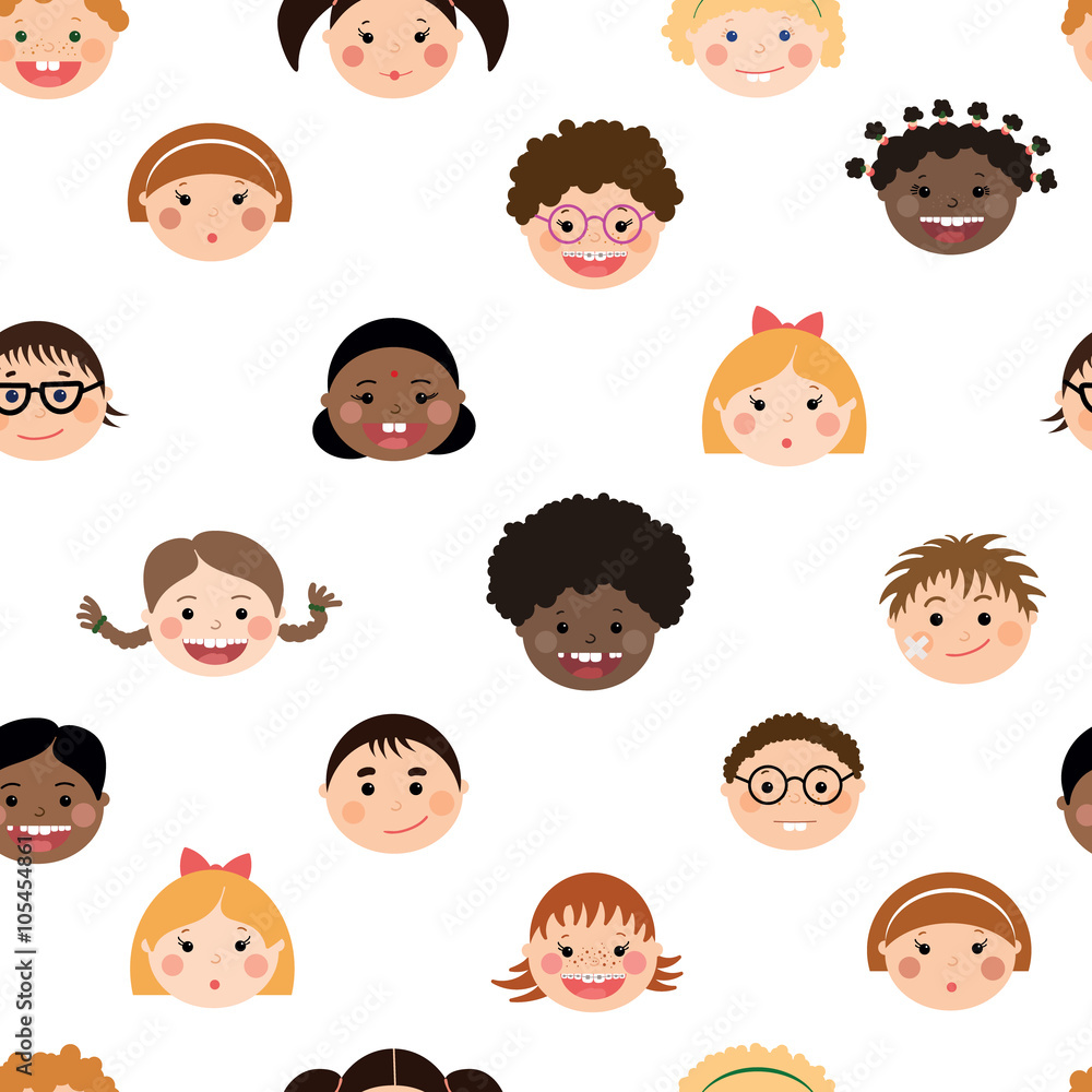 Vector sseamless pattern with chlidren's smiling faces. Boys and girls with different color skin, hairstyles, braces and glasses. Vector sseamless pattern with chlidren's smiling faces. Boys and girls with different color skin, hairstyles, braces and glasses.