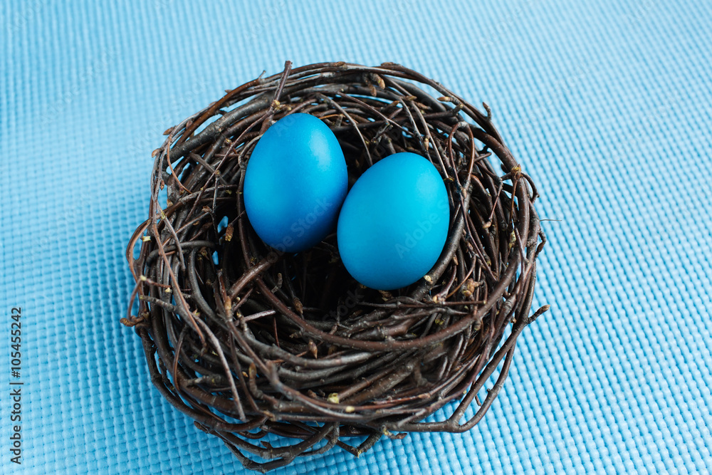 Obraz premium Blue Easter eggs in the nest on blue background