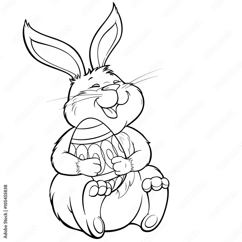 Black and white vector illustration with lovely laughing  bunny holding painted easter egg