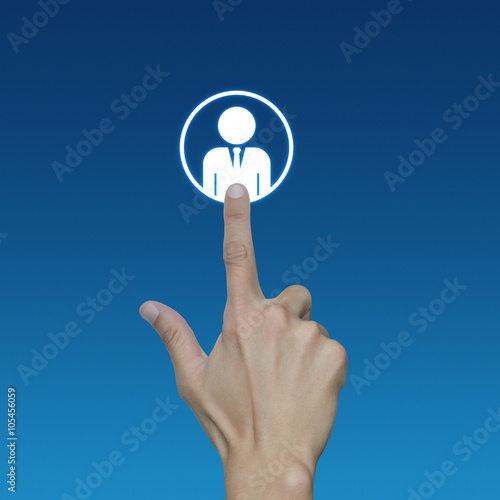Hand click businessman icon over blue background, Connection con
