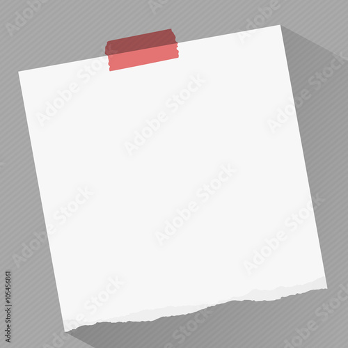 Piece of torn white blank note paper with red sticky tape on gray striped diagonal background