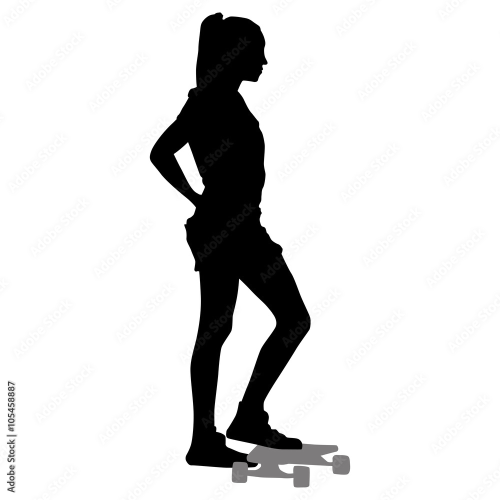 silhouette of girl with a skateboard on a white background