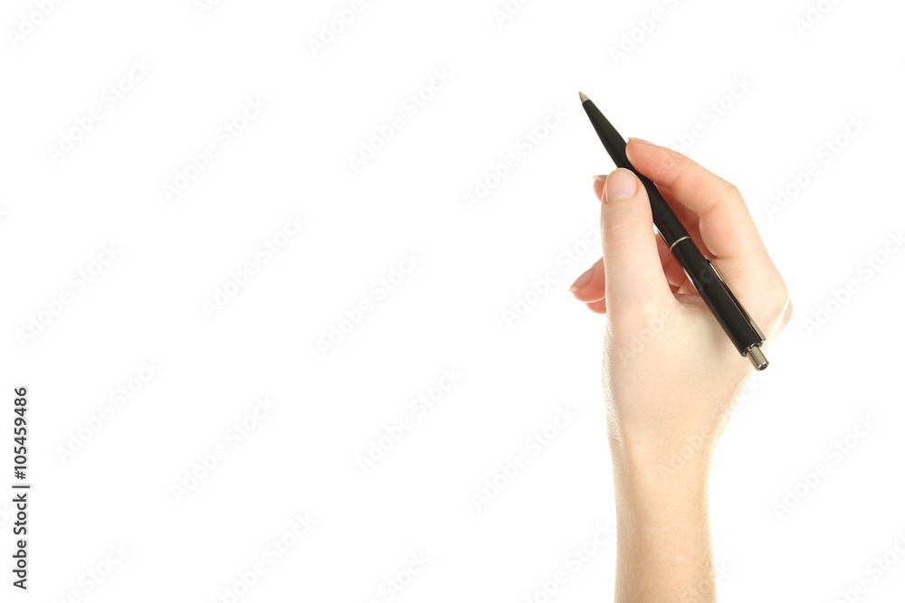 Female hand with pen on white background Female hand with pen on white background