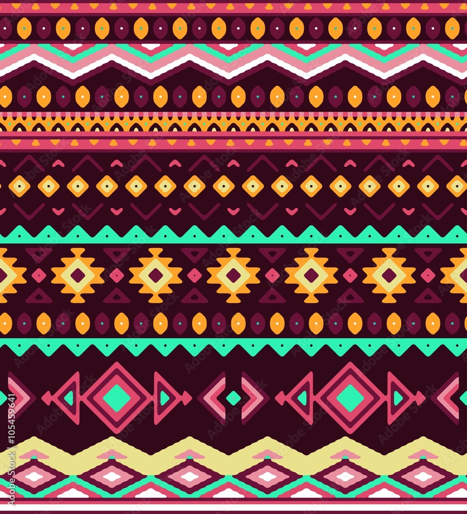 Seamless stylized stripes pattern with aztec ethnic and tribal ornament. Vector bright colors boho fashion illustration. Seamless stylized stripes pattern with aztec ethnic and tribal ornament. Vector bright colors boho fashion illustration.