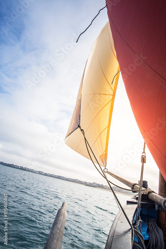 beige cotton jib sail and an ocher sail filled by the wind with wooden mast, bowsprit and hull of an old rigging sailing boat during a sunny sea trip in brittany © ydumortier
