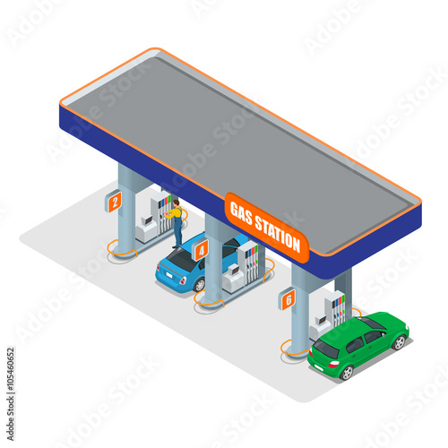 Gas station 3d isometric. Gas station concept. Gas station flat vector illustration. Fuel pump, car, shop, oil station, gasoline. Gas station EPS. Refilling cleaning shopping service. 