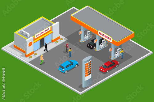 Gas station 3d isometric. Gas station concept. Gas station flat vector illustration. Fuel pump, car, shop, oil station, gasoline. Gas station EPS. Refilling cleaning shopping service. 