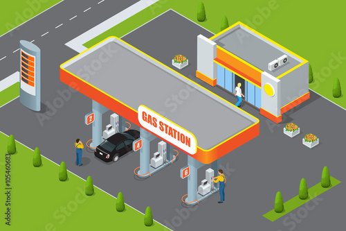 Gas station 3d isometric. Gas station concept. Gas station flat vector illustration. Fuel pump, car, shop, oil station, gasoline. Gas station EPS. Refilling cleaning shopping service. 