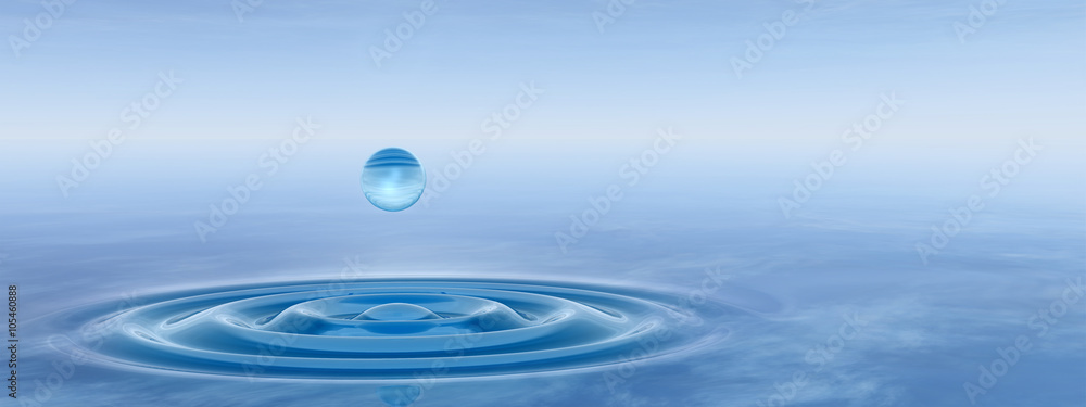 Conceptual blue liquid drop falling in water banner Conceptual blue liquid drop falling in water banner