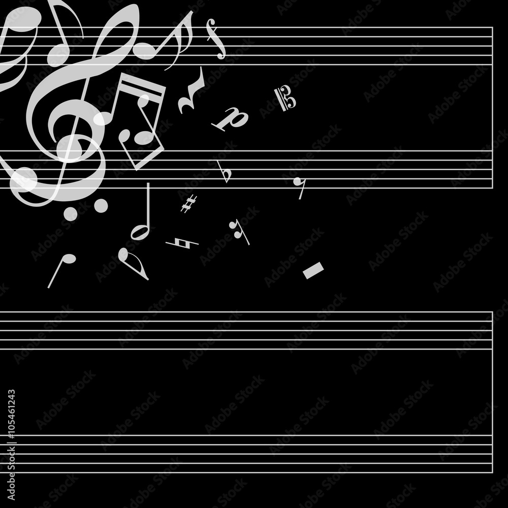 Musical poster with stave and notes on black background. Simple concept for your album. Cover for music notebook