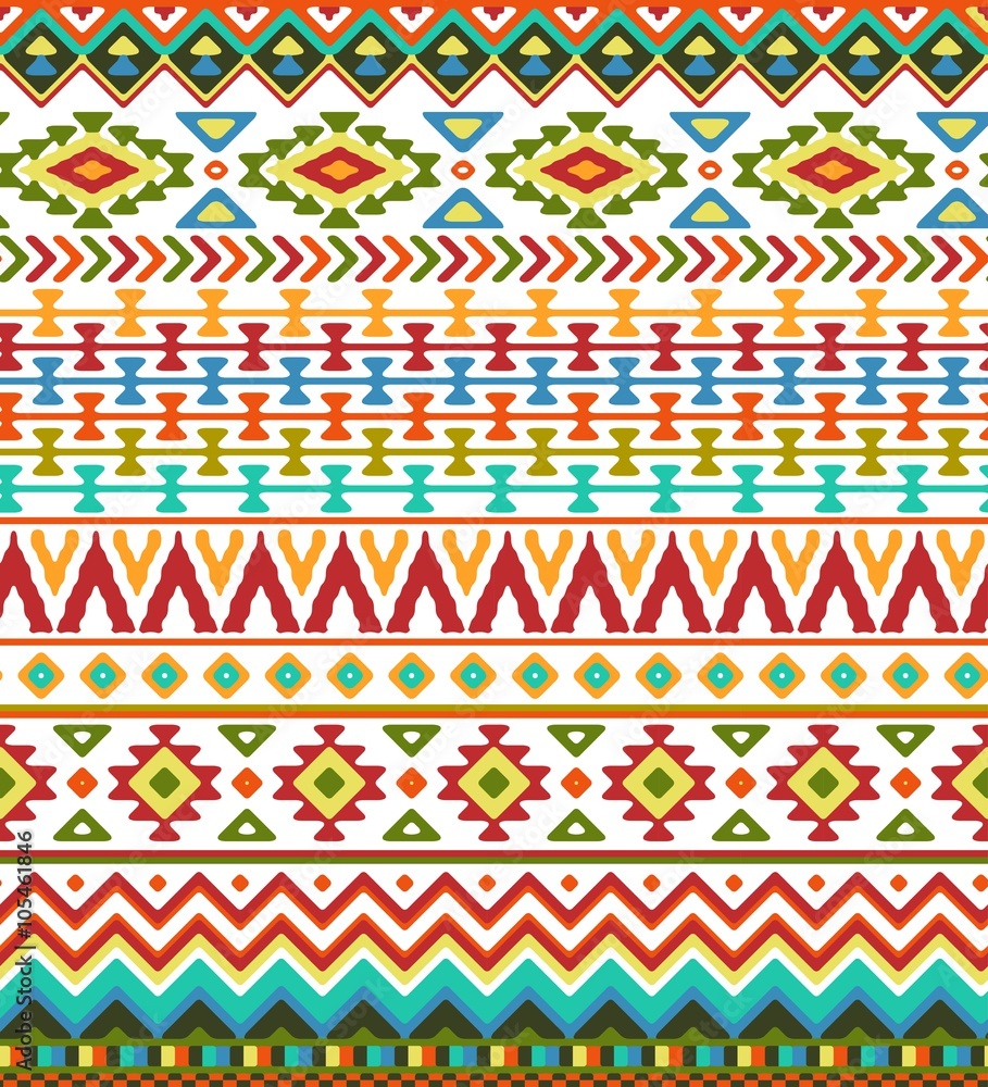 Seamless hand drawn stripes pattern with aztec ethnic and tribal ornament. Vector bright boho fashion illustration. Seamless hand drawn stripes pattern with aztec ethnic and tribal ornament. Vector bright boho fashion illustration.
