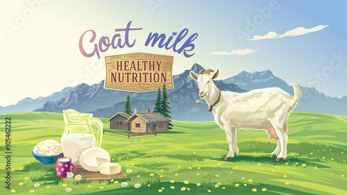 Mountain landscape with goat and set dairy product with village in background. Vector illustration.