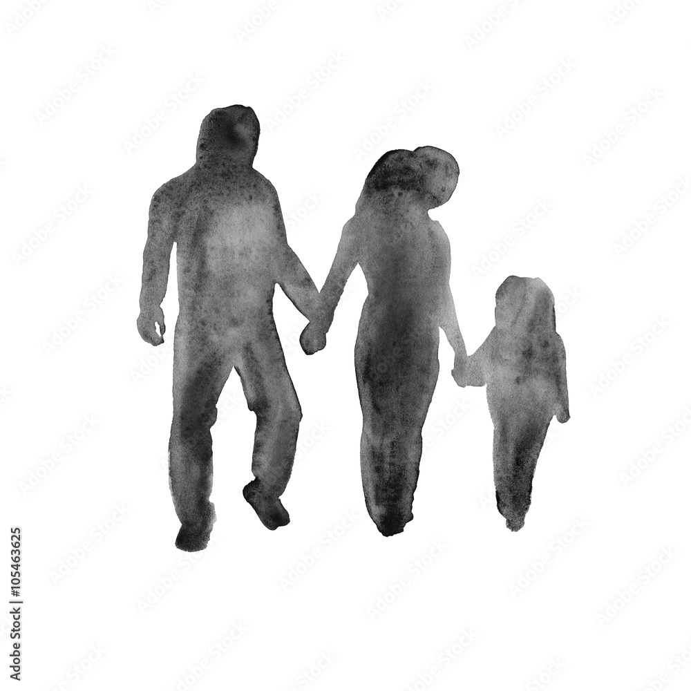 silhouette of people. a family. isolated. watercolor silhouette of people. a family. isolated. watercolor