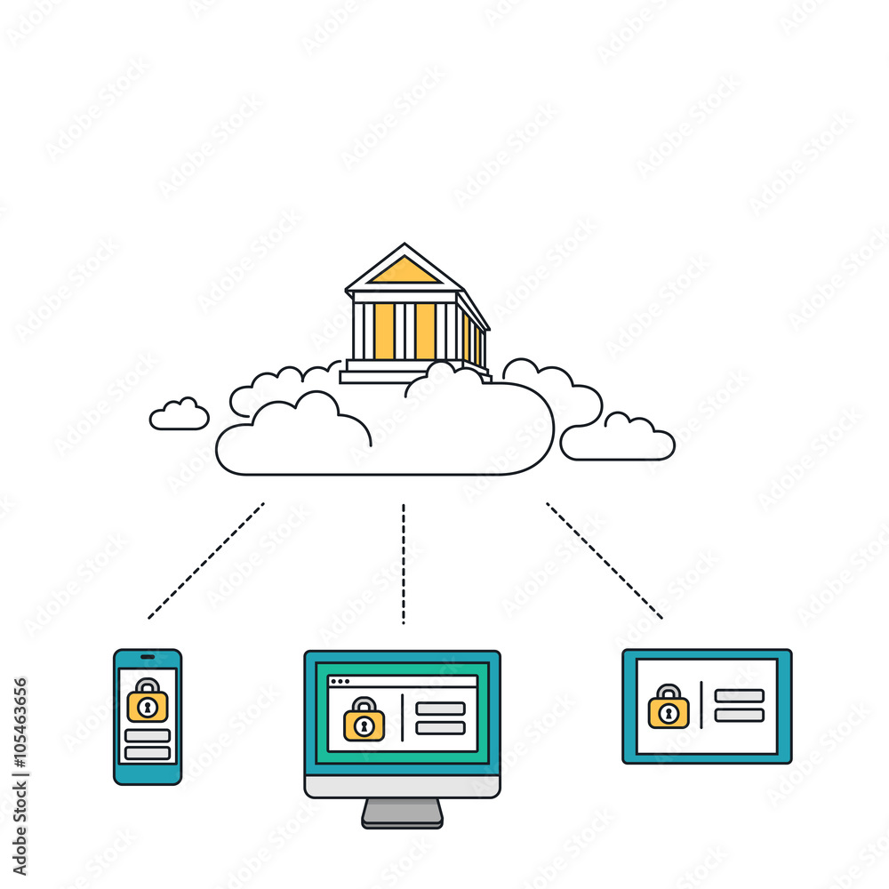 Bank in the clouds. Secure internet banking on phone, computer and tablet. Vector illustration.