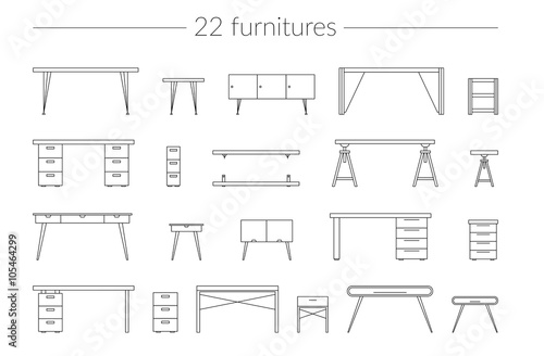 Vector Thin Line Icon Set with Furnitures