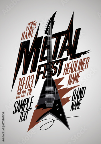 Retro style metal fest poster design with v style electro guitar