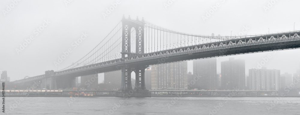 Manhattan Bridge in a fog.